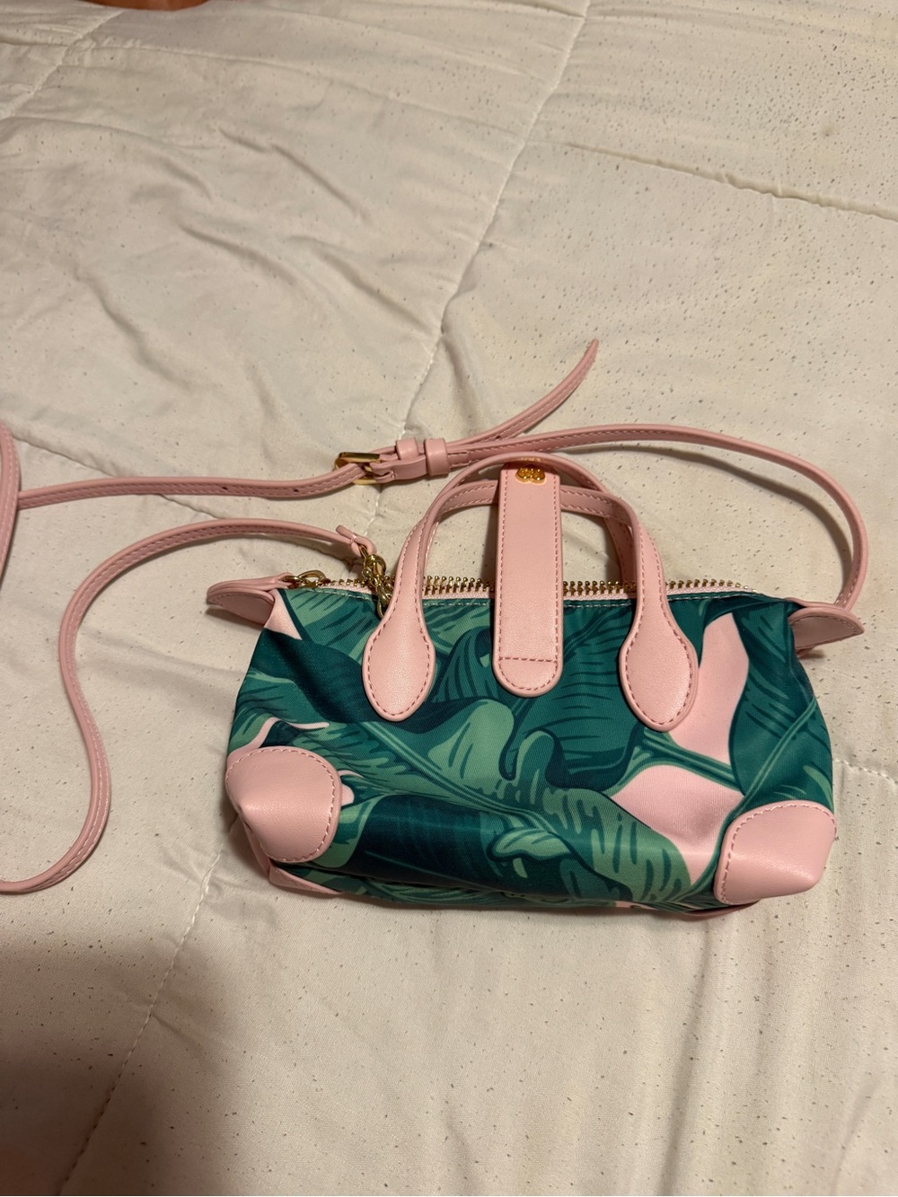 Stoney Clover Lane Pink & Green Leaf-Print Crossbody Bag